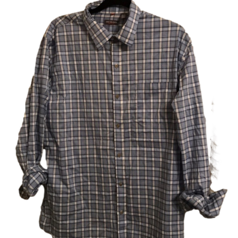 VAN HEUSEN Blue White‎ Plaid Button Dress Down Shirt Men Large